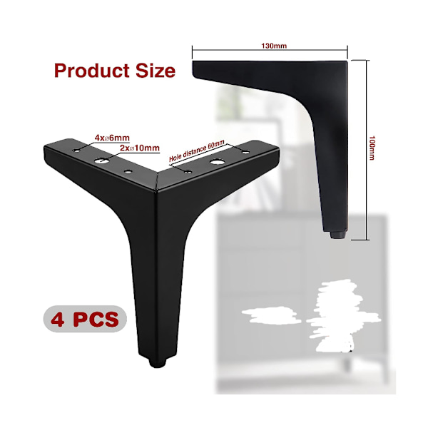 (Svart) 4 metallmøbelben, 4\" 10cm trekantede møbelben for sofa, salongbord, TV-skap og andre møbelben.