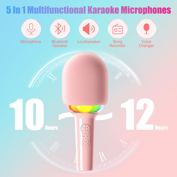 Kids Microphone, Bluetooth Karaoke Microphone Girls Toy with Voice Changer and LED Light, Kids Microphone Karaoke Suitable for Family KTV Party Birt