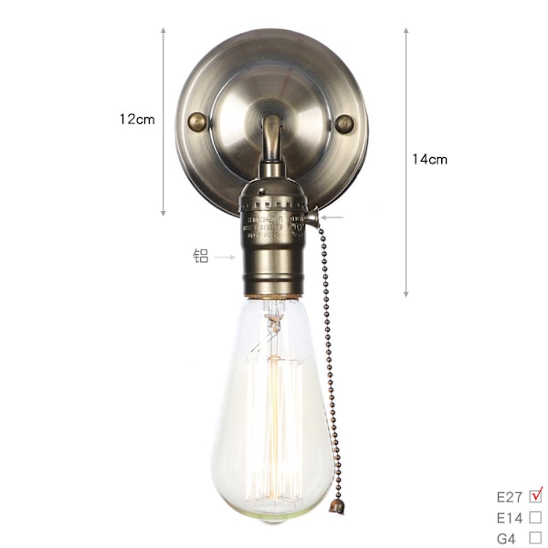Retro lampeholder E27 Edison Retro væglampeholder switch hjem indretning 220V（Grøn bronze lynlås）