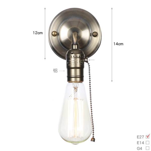 Retro lampeholder E27 Edison Retro vegglampeholder bryter hjemmedekor 220V（Grønn bronse glidelås）