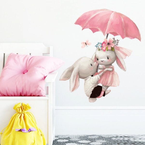 Söt paraply Kanin Dekor Animerade Väggdekaler Muralmålningar Konst DIY Skala Affischer & Fäst Konstdekaler Väggar För Barn och Sovrumsdekoration