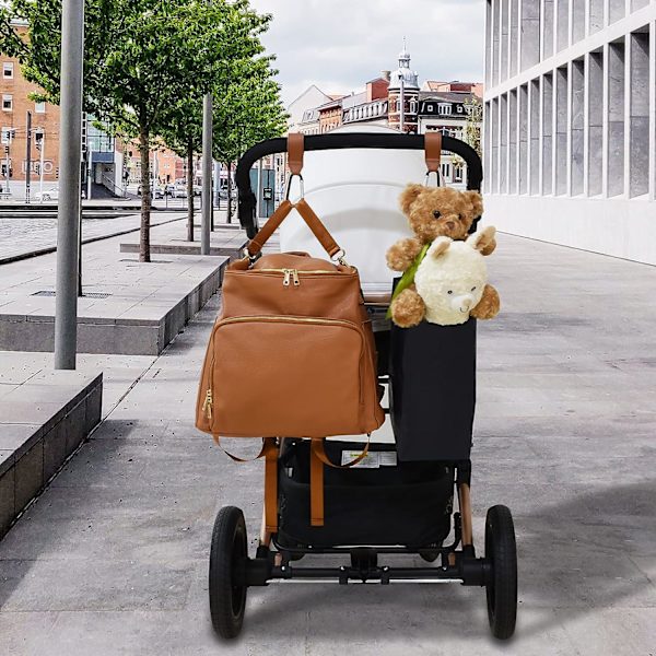 2 strollers krokar (svart + brun + rosa), premium läder stil barnvagn klämma rem, barnvagn krokar för blöjor väskor matvaror väskor, mamma krokar promenad