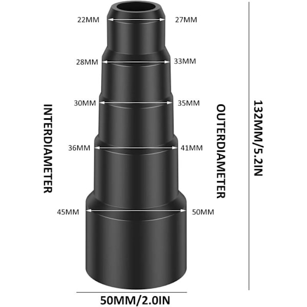 2 yleismallisen pölynimurin letkuadapterin sarja liitettäväksi 23 mm:n pölynimurin letkuun, 30 mm, 34 mm, 42 mm, 50 mm