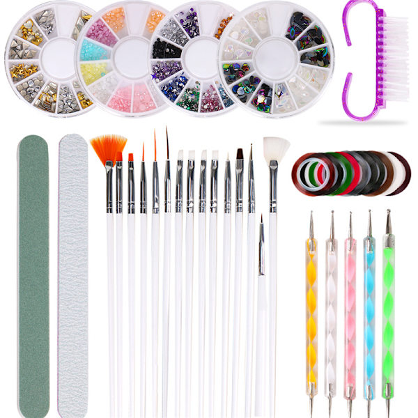 Nagelkonstborste prickpen nagelfil strass dammborste manikyrverktyg set klistermärke polerblock manikyrverktyg set tejp färgade strass