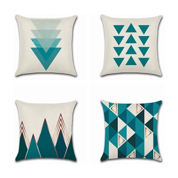 4 st kuddfodral 45 x 45 cm, dekorativa fyrkantiga örngott sofföverdrag blå kudde triangelmönster geometriskt mönster bomull linne hus för sovrum