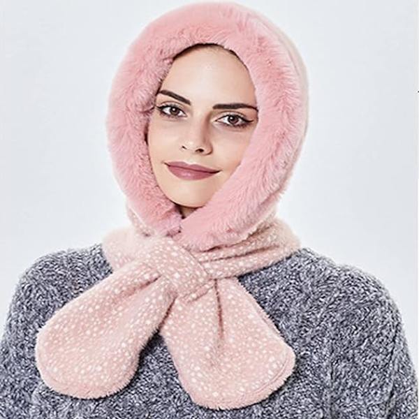 Vintermössa för kvinnor varm huva halsduk mössa fleece mössor halsduk mask vinter balaclava pullover stickad skidmössa(rosa)