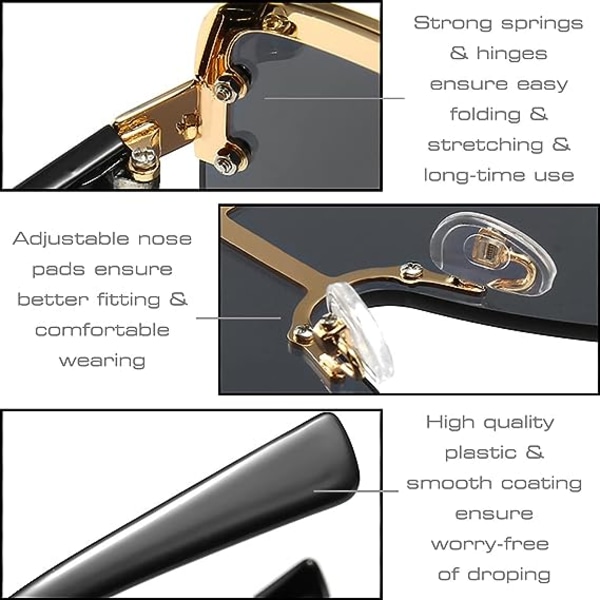 En pakke med 2 stilfulde solbriller (guldrammet sort grå+guldrammet jordgul) til mænd og kvinder med overdimensionerede UV400 flade top firkantede briller