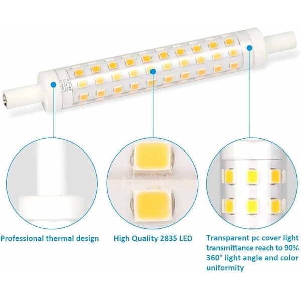 R7S LED 118 mm med variabel intensitet 10 W, glödlampa R7s 118 mm varmvit 3000 k, 360 grader, linjär sockel, flimmerfri, 2-pack [energiklass A ++]
