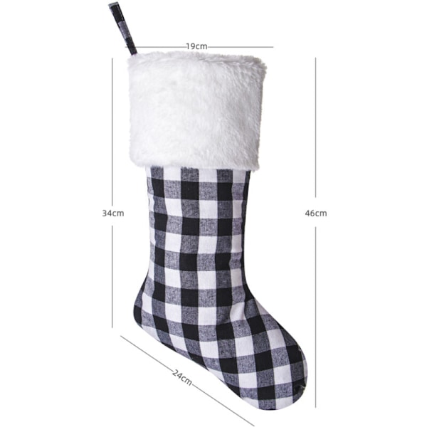 Set med 2 hängande julstrumpor för öppen spis, 46 cm, päls, rutig, juldekoration (vit och svart)