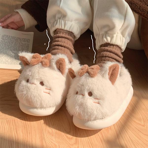 Söta tecknade katttofflor Dam fluffiga päls tofflor inomhus hem skor tjock sula bekväma djur tofflor vinter Kawaii 24.5cm