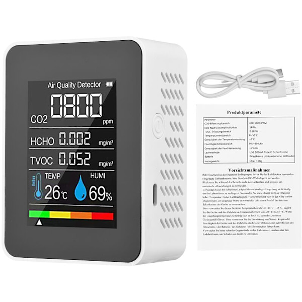 Digital termometer fuktighetsmätare koldioxid luftkvalitetsmonitor 5 i 1 vit