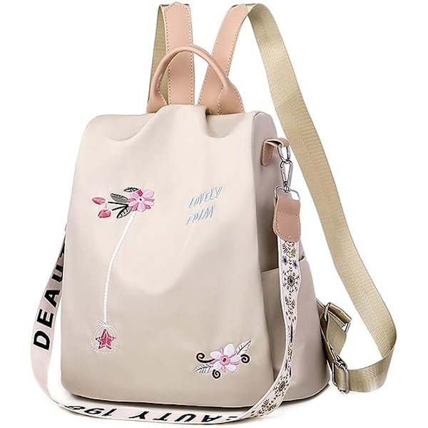 Blommig broderad axelväska (Khaki), flickors stöldskyddad reseryggsäck, lätt fashion daypack skolsäker vattentät dammode, handväska flickor