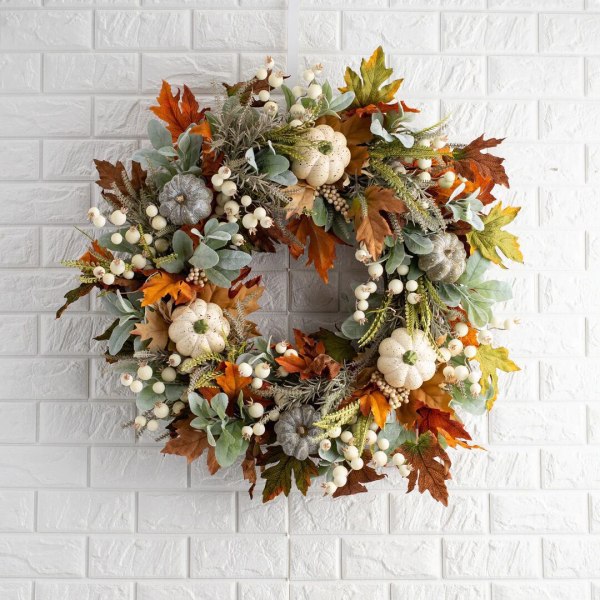 Frosty Leaf Kunstig Blomsterkrans af Græskar - Orange, Dekorativ, Indendørs og Udendørs
