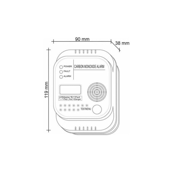 Kolmonoxiddetektor, Batteridriven, Gasdetektor med Display och Temperaturindikator