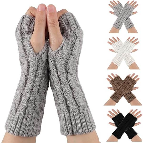 Dame Fingerless Handsker 4 Par, Dame Vinter Arm Fingerless Handsker Håndled Ribstrikkede Varme Arm Handsker med Huller til Damegaver