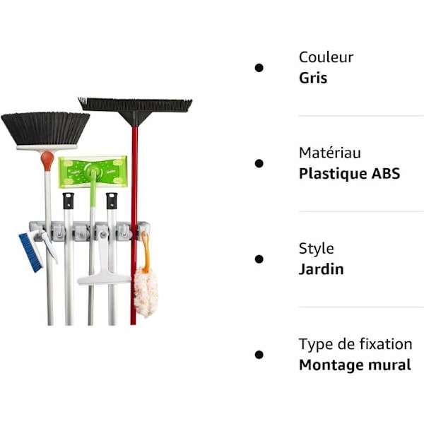 Vægstøtte til kost med frynser med 5 positioner og 6 kroge, opbevaringsløsninger til køkken, badeværelse, garage og have