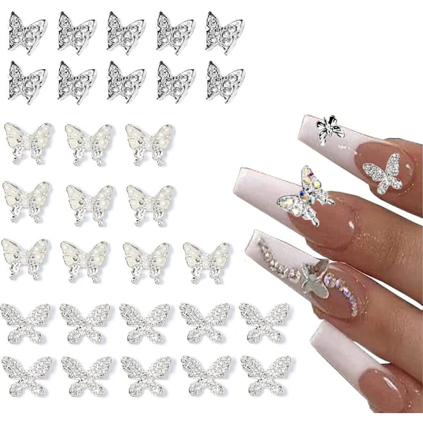 30 stk. sommerfugleformede neglepynt i legering, rhinsten-sløjfeformet neglepynt, til manicure, neglekunst, gør-det-selv-tilbehør, dekoration, manicure, neglepynt, tre stilarter