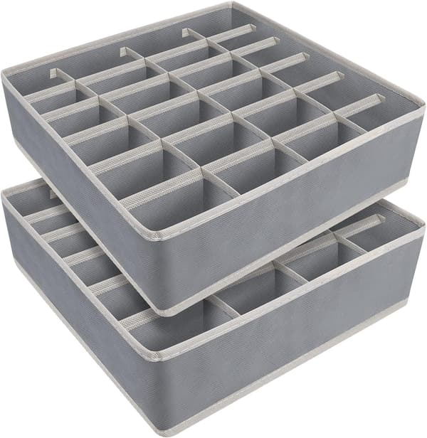 2-pack hopfällbar lådindelad garderobs-/garderobsorganisatör för strumpor, slipsar, underkläder (grå)