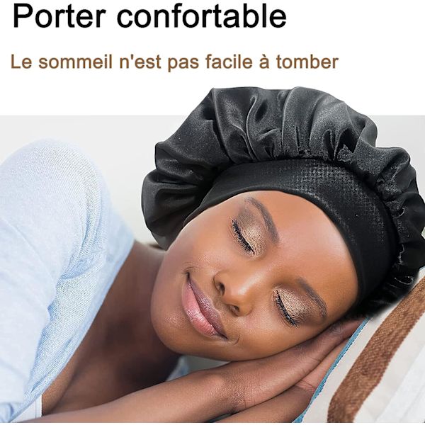 Natsatin Bonnet, Søvnhatte, Elastisk Bredt Bånd til Kvinder Piger Langt Hår Beskyttelse (Sort)