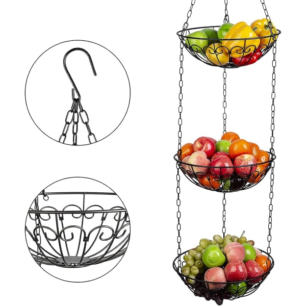 3-kerroksinen ripustettava hedelmäkori, metalliset vihanneskorit pyöreä hedelmäkulho säilytystelineet hedelmille, vihanneksille, leivälle, musta