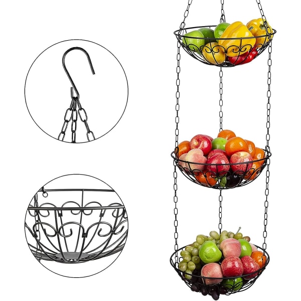 3-lagers hängande fruktkorg, metall grönsakskorgar rund frukt