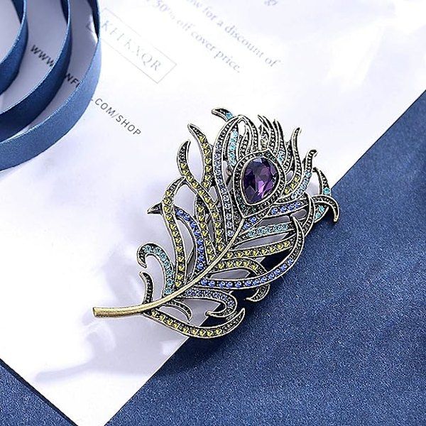 Naiset Vintage Riikinkukko Sulka Rintaneula Pins Simuloitu Kristalli Pisara Höyhen Rintaneula