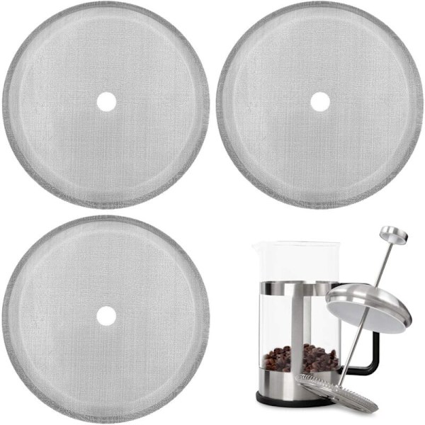 3-pack Fransk press ersättningsfilter 4 tum återanvändbart rostfritt stål nätfilter för 8 koppar/ 1000 ml fransk press kaffe