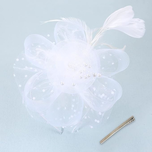 Hvit - Hatteholder, bandana og tekanne med blomster og meshbånd og fjær for jenter og kvinner,