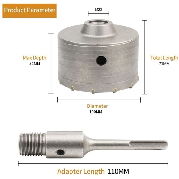 Betonghålsåg Borr med 110mm SDS Plus Adapter, För Tegel Betong Cement Sten (100mm+110mm SDS Plus Adapter)