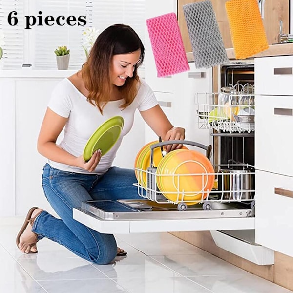 6 Viskestykker, køkkenhåndklæder, opvaskefilet, skureflet husholdning, thehåndklæder, netklude til opvask og skåle til rengøring af huset, af th