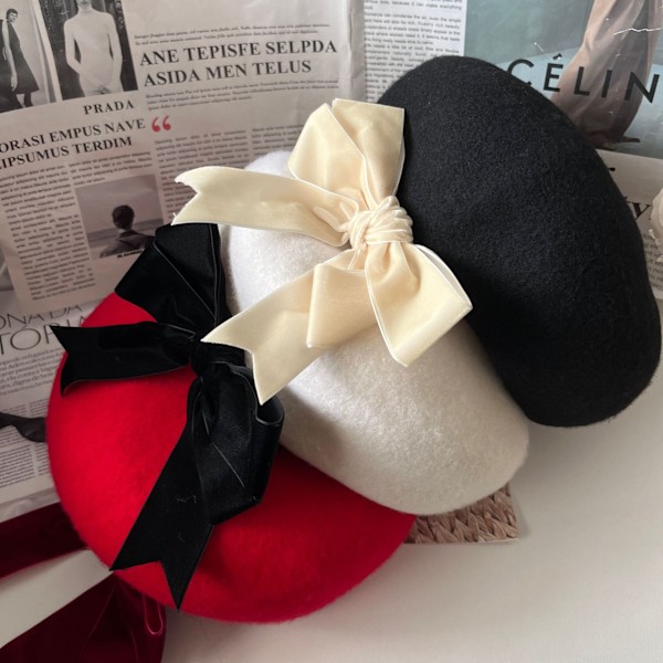 Fleece-kantet sløjfe beret berømthed temperament maler hat efterår og vinter uld hat kvinders one size fits all