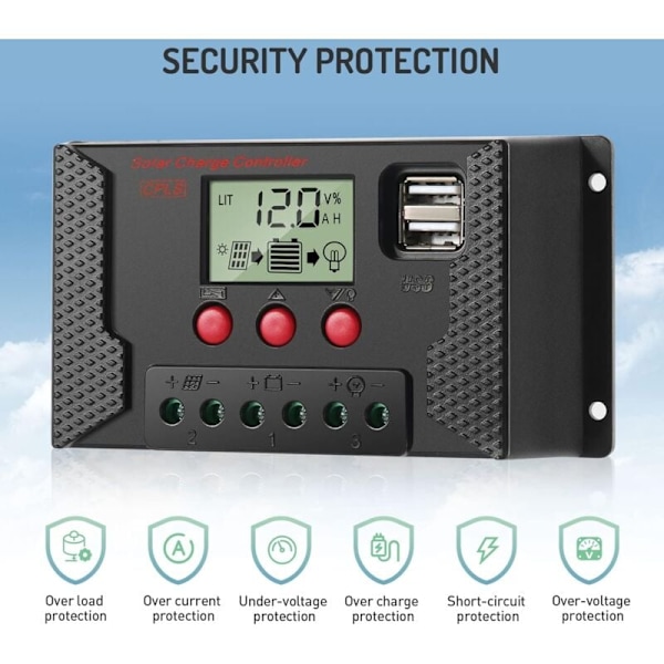 Ladecontroller 30A Land regulator solpanel Automatisk identifikation 12V/24V med LCD-skærm og USB 5V port