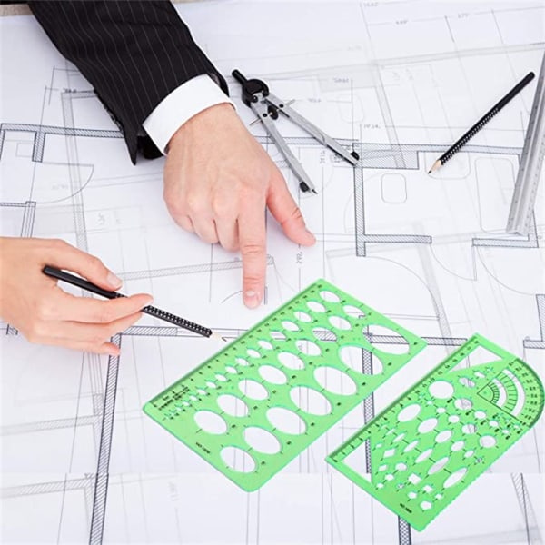 Sarja 6 Normografiaa Luonnoksia ja Kaavioita varten - Technic Trace-Forms - Ympyrät, Kolmiot, Neliöt, Suorakulmiot Stensiili - 10 Geometriset Muodot Erilaisia