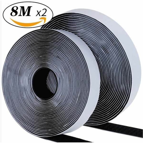 8M Ekstra Stærk Selvklæbende Velcro Tape, Dobbeltklæbende Tape med Velcro 20mm Bredt Klæbende Velcro Tape og Hæfteklips (Sort)
