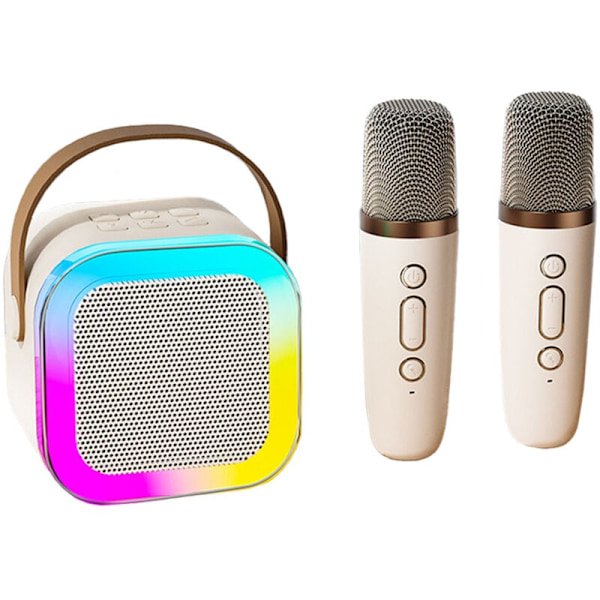 Karaokemaskin med 2 trådlösa mikrofoner, BT-högtalare med bas/diskantjustering och LED-ljus, stöder TF, USB och at