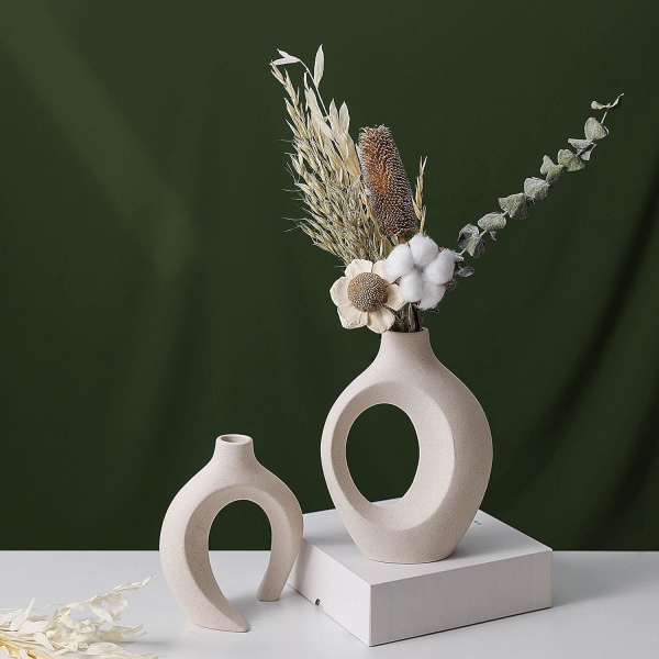 Keramisk vase sett - 2 moderne blomsterdonutsvaser for hjemmedekor, kreative hvite vaser minimalisme stil dekor vase bordvase