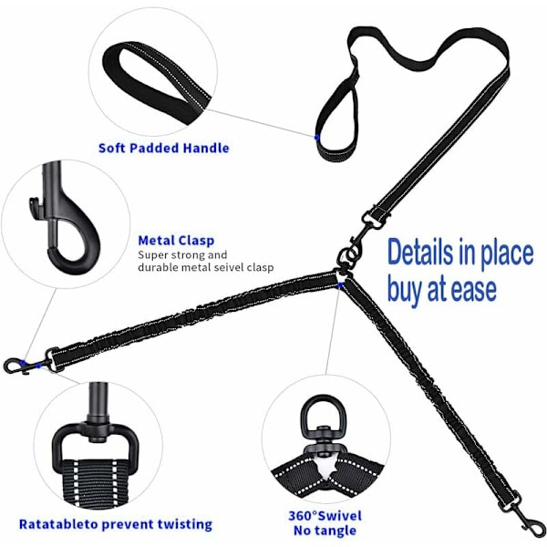 Hundeeliner til 2 hunde, Tangle-Free Dobbeltline til hunde, der går i træning 360° drejelig justerbar reflekterende længde Dobbelttrådsdeler til to D