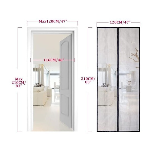 Svart magnetisk dørgardin i 120x210 cm for fluer, anti-myggvinduer - rwmoustiquaire de window