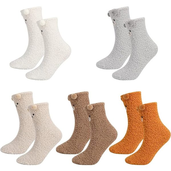 5 par fluffiga strumpor korallfleece vinter mjuka sova strumpor tecknad björn öron tofflor strumpor varma sängstrumpor för flickor