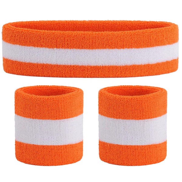 Set (3 delar) Atletiska pannband Handledsrandiga svettband Frottétyg Armband Atletiska svettband och pannband (orange vit orange)