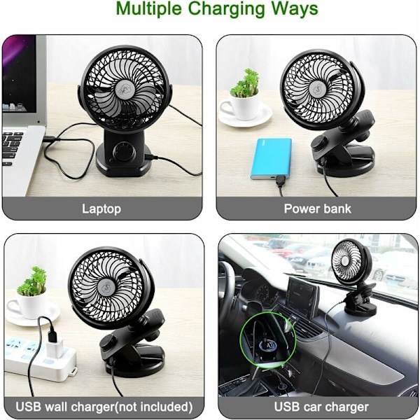 Batteridriven fläkt, oscillerande USB-fläkt med 4000mAH uppladdningsbart batteri, Mini portabel fläkt för barnvagn, bil, gym, kontor, utomhus, resa, camping