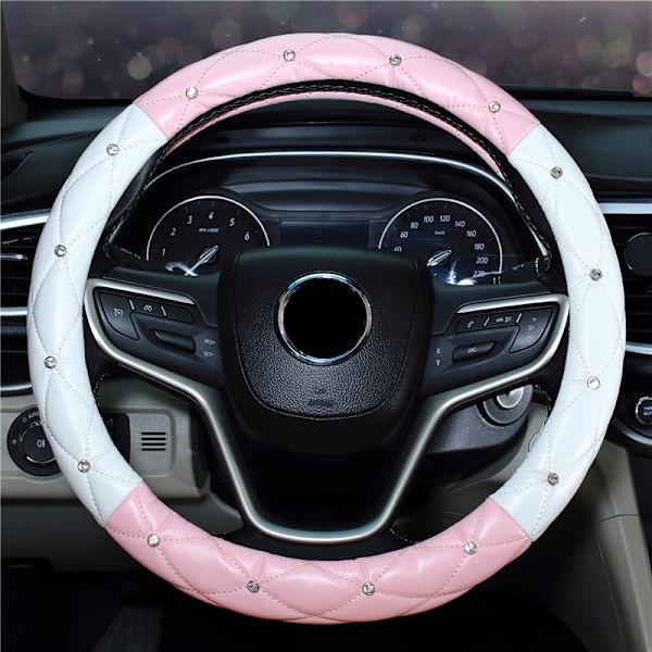 Diamant rattöverdrag för kvinnor (rosa + vit), Bling Bling rattöverdrag för bil, 15\" GM Diamond Crystal