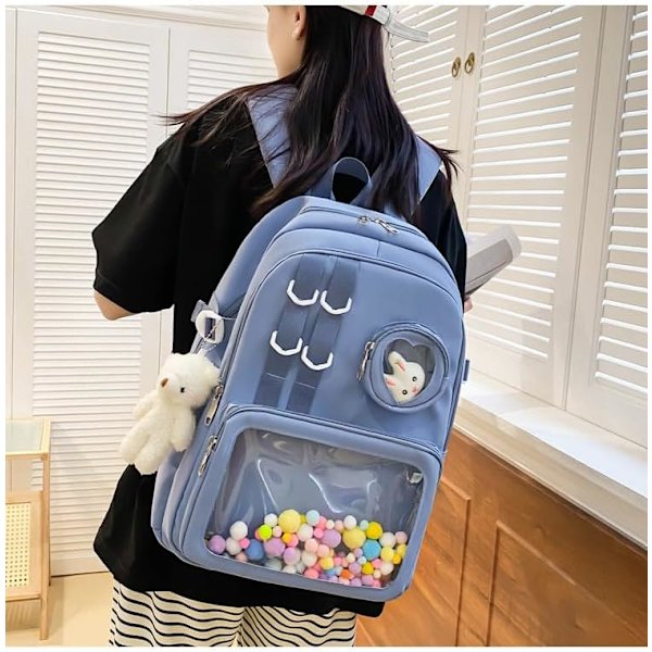 Kawaii Ryggsäck för Kvinnor, Söt Genomskinlig Fönster Ryggsäck Skolväska Laptop för Dagligt Bruk Lolita Väska Cosplay (Blå)