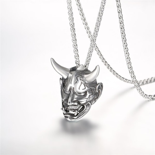 Mask Halsband, Herr Gothic Punk Hänge, Rostfritt Stål Silver Svart Personifierad Evil Demon Horn Smycken Halsband med 22 Tums Kedja