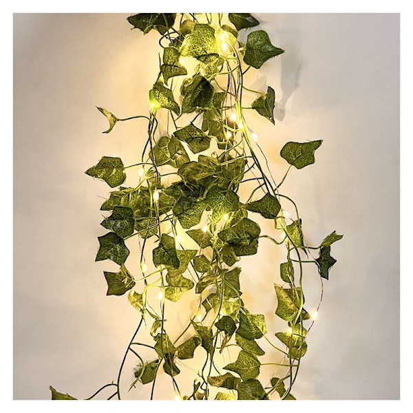 Kunstig efeu, lysende guirlande, 2m 20 LED Dekoration Soveværelse Æstetisk Grønt Blad, Lysguirlander til fest, bryllup, køkken, have, Dec