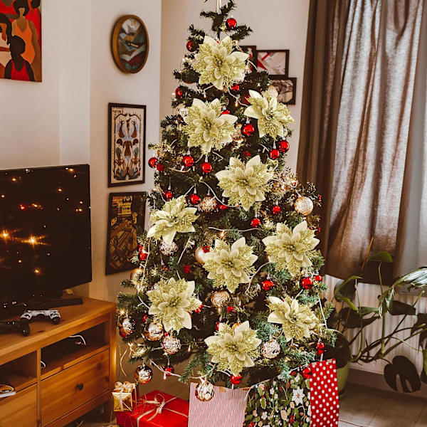 10 stycken julstjärnor i konstgjord glitter, juldekorationer, glitterjulstjärnor, julpynt, julgransblommor