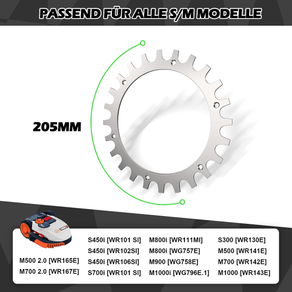 2 høykvalitets rustfrie pigger, størrelse 205mm for Worx S/M, 2 rustfrie skruebits for å forbedre trekkraft, robotgressklipperhjul