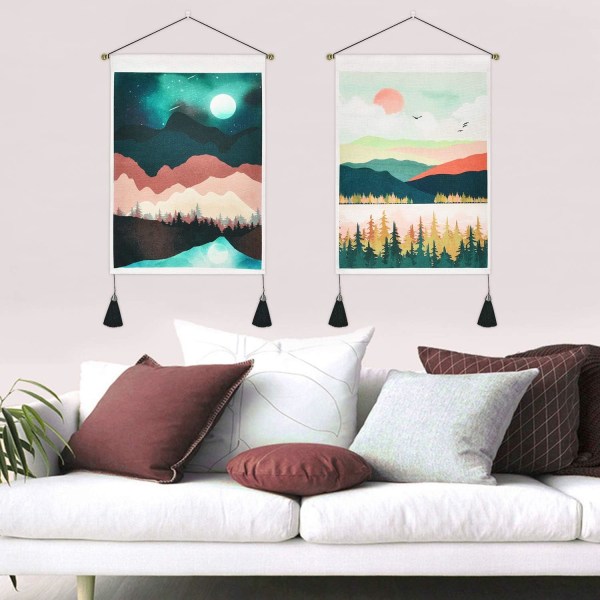 Set med 2 japanska väggbonader med tofsar, bergsskogssol och månlandskap små gobelänger, vårgobeläng väggkonst för sovrum vardagsrum
