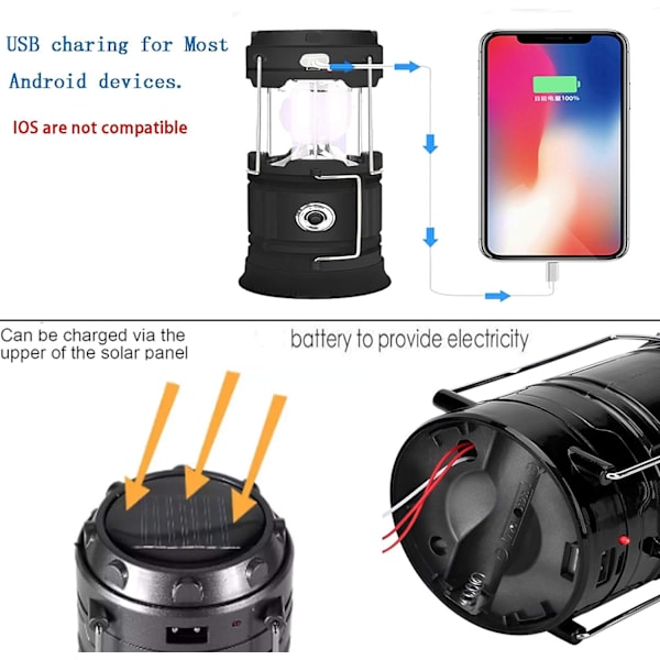 Portabel LED Campinglykta - Ultra Ljus USB Laddningsbar Solcells Batteridriven Lykta Ficklampa, för Camping, Vandring, Skjul Under Strömstörningar