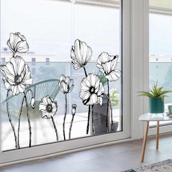 Svart Vallmoblomma Väggdekaler, Blommiga Väggdekaler, Väggdekor för Sovrum, Vardagsrum, TV-Bakgrund, Heminredning (30x90cmx2ST)